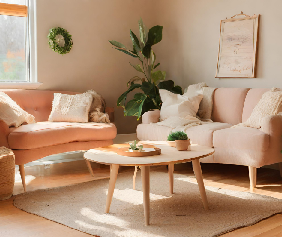 stile heritage arredo tendenze 2024 divano tavolo legno pianta cuscini tappeto rosa