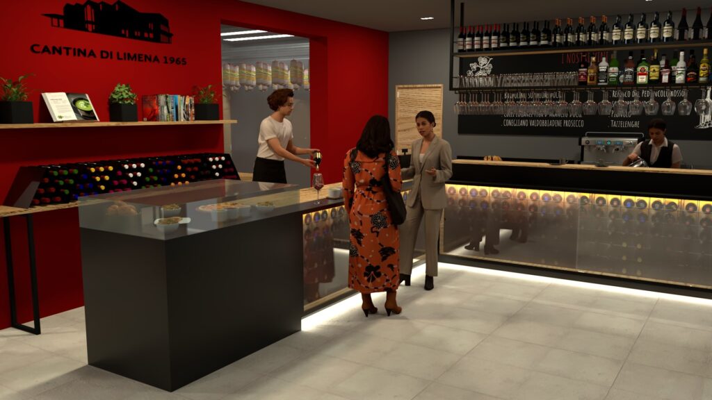 render cantina veneta vini servizio bar tavoli sedie legno ferro industrial